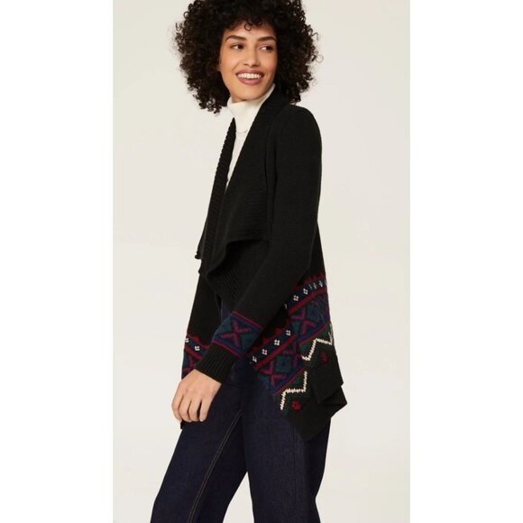 Lauren Ralph Lauren Fair Isle Open Front Cardigan Sweater Black Knit Size M - Picture 4 of 12